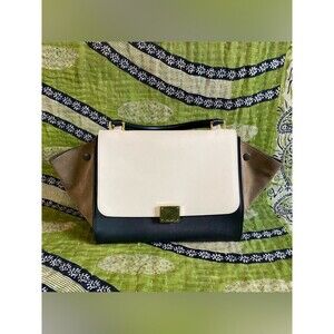 Celine 2014 Tricolor Trapeze Ivory/ Khaki/ Black Drummed Leather Satchel Luxury